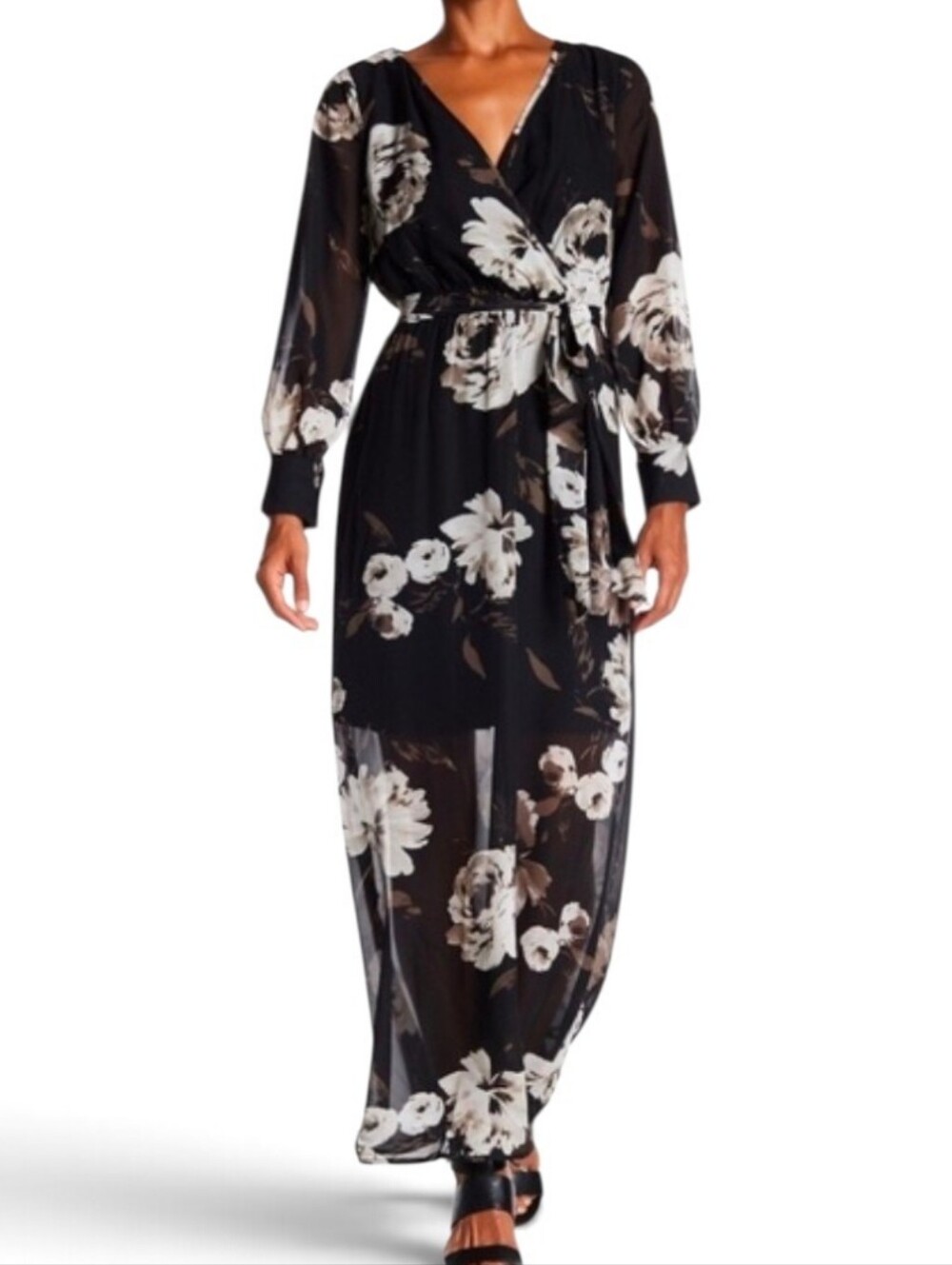 SUPERFOXX Black White Floral Belted Faux Wrap Maxi Dress - Medium